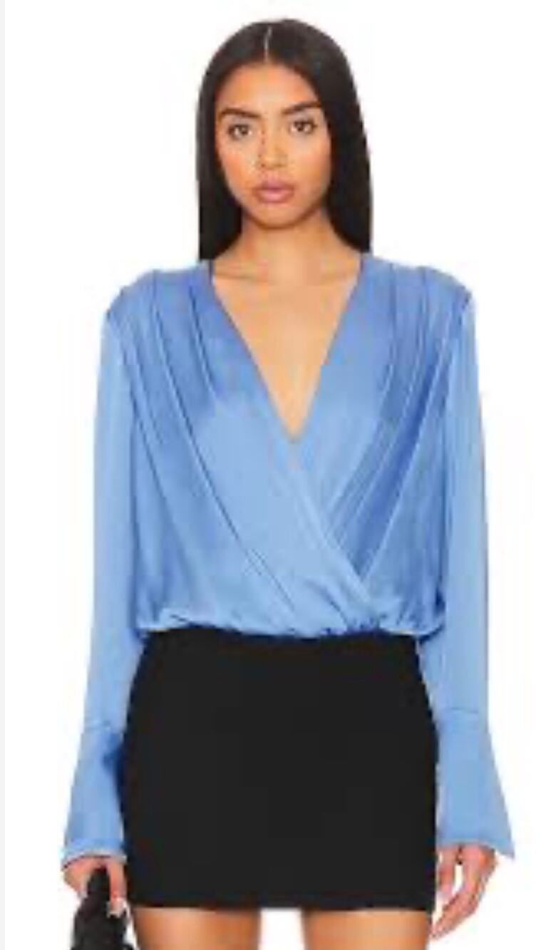 Favorite Daughter Blue Wrap Bodysuit Long Sleeve Surplice Top Blouse Size S NWT